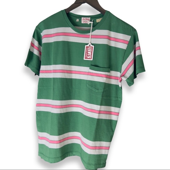 Levi’s Vintage Clothing 1940’s Split Hem Striped T-Shirt Pink/Green - Picture 12 of 16